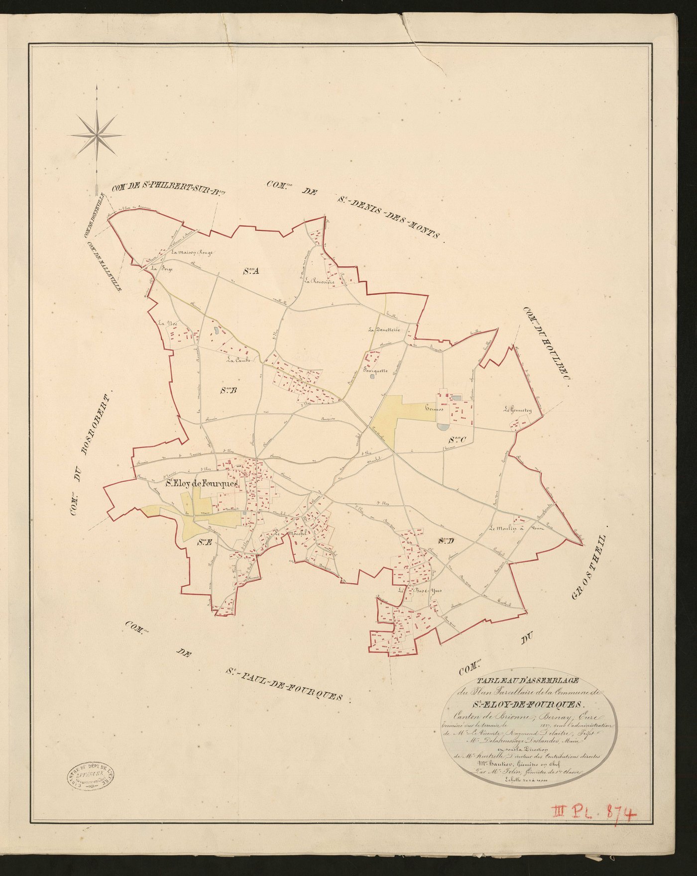Saint-Eloi-de-Fourques. Tableau d'assemblage _ du Plan Parcellaire de la Commune de Saint-Eloy-de-Fourques _ Canton de Brionne - Bernay - Eure. _ Terminé sur le Terrain en 1827, sous l'administration de M.le Vicomte Raymond Delaitre, Préfet