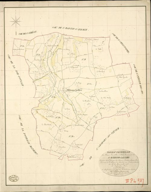 Saint-Etienne-l'Allier. Tableau d'assemblage _ du Plan Parcellaire de la Commune de St Etienne-Lallier _ Canton de St Georges-du-Vièvre - Pontaudemer - Eure. _ Terminé sur le Terrain le 15 Mai 1838 , sous l'administration de M. de Monicault