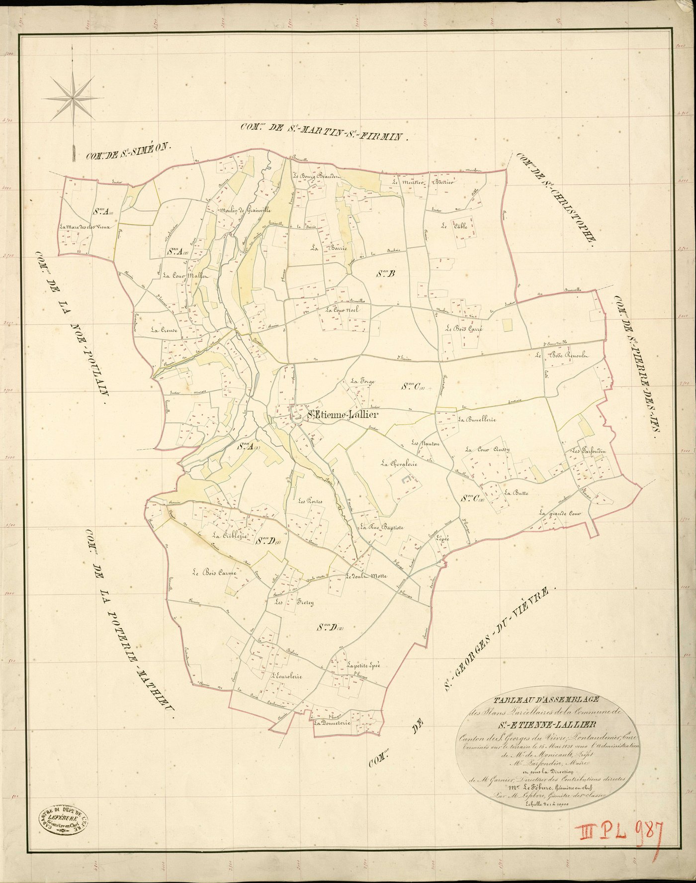 Saint-Etienne-l'Allier. Tableau d'assemblage _ du Plan Parcellaire de la Commune de St Etienne-Lallier _ Canton de St Georges-du-Vièvre - Pontaudemer - Eure. _ Terminé sur le Terrain le 15 Mai 1838 , sous l'administration de M. de Monicault