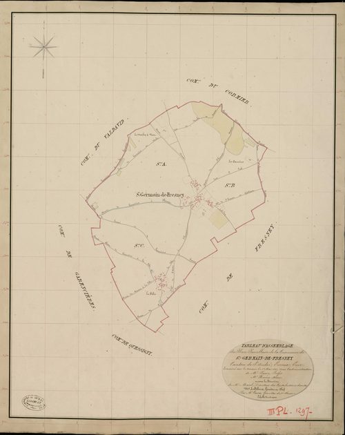 Saint-Germain-de-Fresney. Tableau d'assemblage _ du Plan Parcellaire de la Commune de St Germain de Fresne _ Canton de Saint André - Evreux - Eure. _ Terminé sur le Terrain le 1 Mai 1837, sous l'administration de M. Passy, Préfet _ M. Huvey