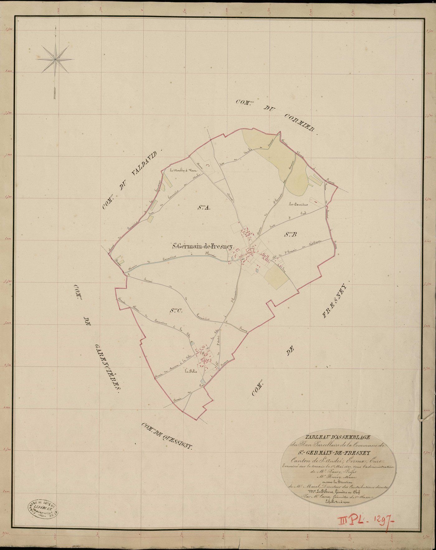 Saint-Germain-de-Fresney. Tableau d'assemblage _ du Plan Parcellaire de la Commune de St Germain de Fresne _ Canton de Saint André - Evreux - Eure. _ Terminé sur le Terrain le 1 Mai 1837, sous l'administration de M. Passy, Préfet _ M. Huvey