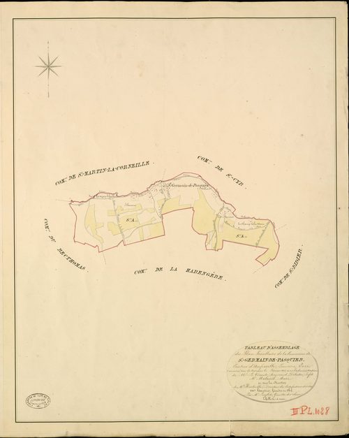 Saint-Germain-de-Pasquier. Tableau d'assemblage _ du Plan Parcellaire de la Commune de Saint-Germain-de-Pasquier _ Canton d'Amfreville - Louviers - Eure. _ Terminé sur le Terrain en Février 1828 , sous l'administration de M. Le Vicomte Raym