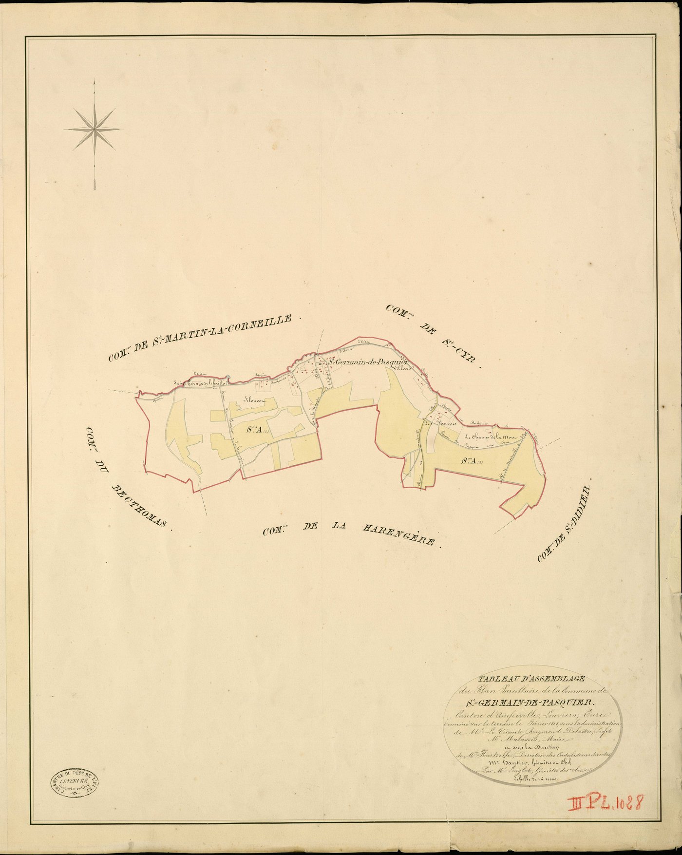 Saint-Germain-de-Pasquier. Tableau d'assemblage _ du Plan Parcellaire de la Commune de Saint-Germain-de-Pasquier _ Canton d'Amfreville - Louviers - Eure. _ Terminé sur le Terrain en Février 1828 , sous l'administration de M. Le Vicomte Raym