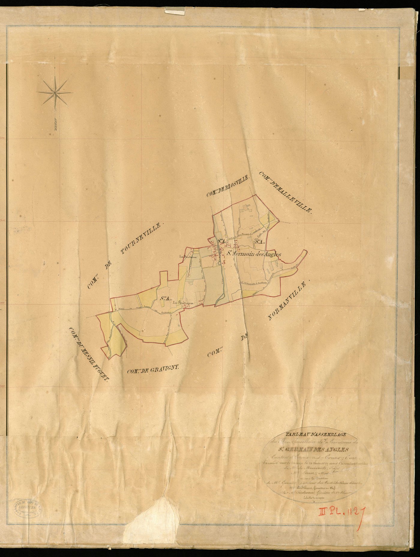 Saint-Germain-des-Angles. Tableau d'assemblage _ du Plan Parcellaire de la Commune de St Germain des Angles _ Canton de Evreux (nord) - Evreux - Eure. _ Terminé sur le Terrain le 21 Juin 1841 , sous l'administration de M. de Monicault, Préf