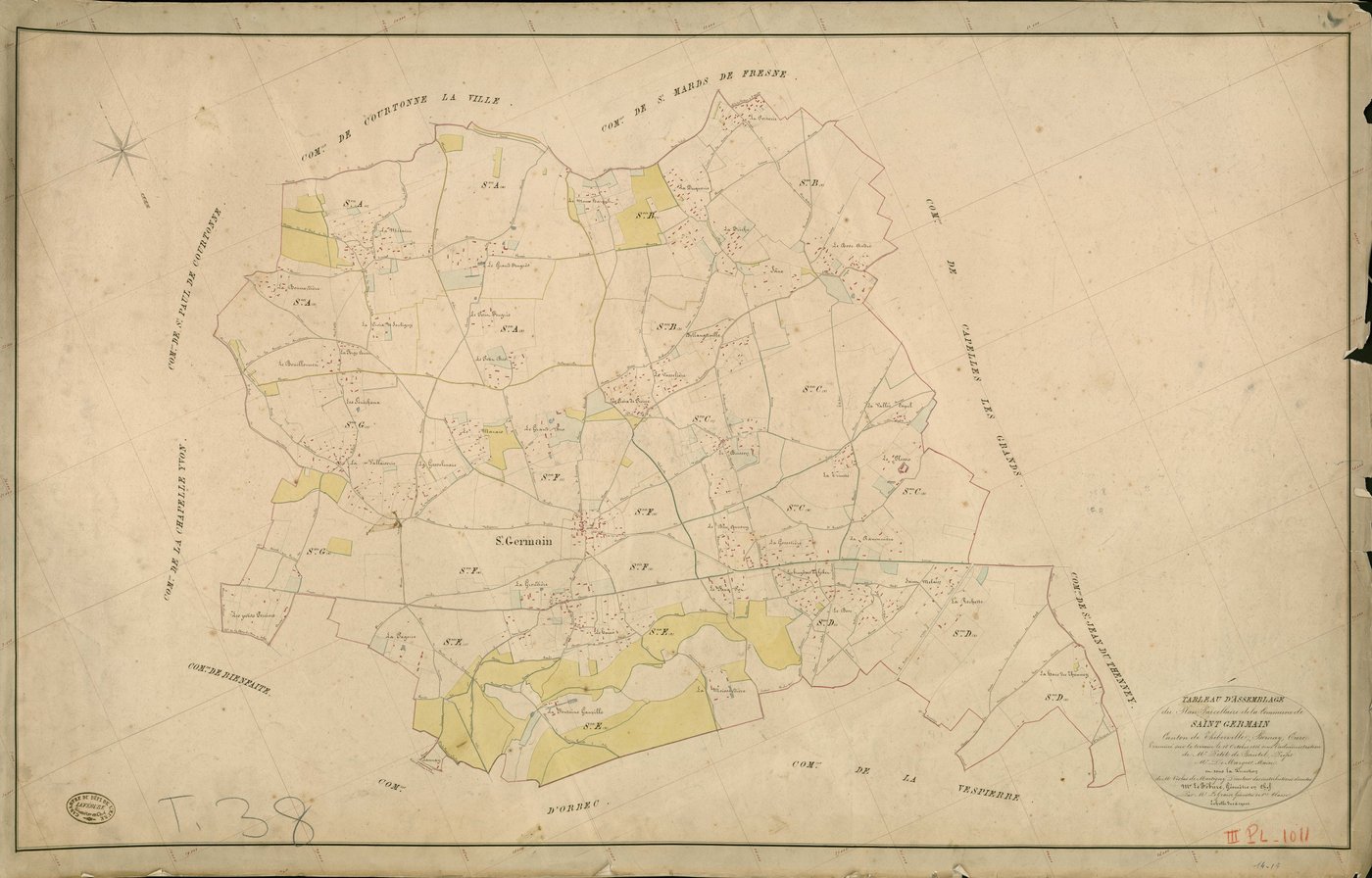 Saint-Germain-la-Campagne. Tableau d'assemblage _ du Plan Parcellaire de la Commune de Saint Germain _ Canton de Thiberville - Bernay - Eure. _ Terminé sur le Terrain le 19 Octobre 1846 , sous l'administration de M. petit de Bantel, Préfet 