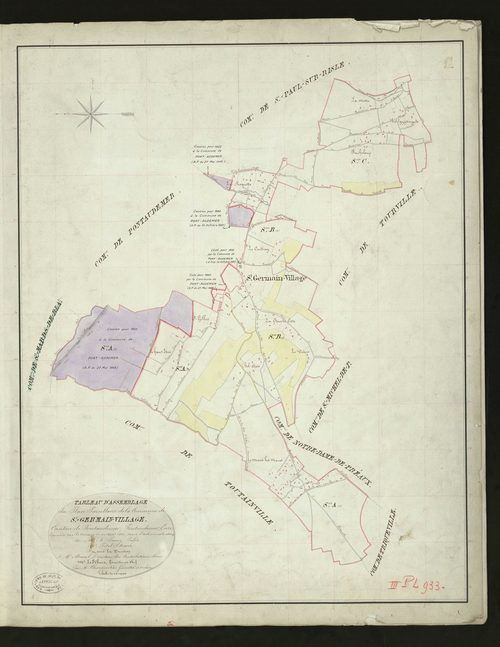 Saint-Germain-Village. Tableau d'assemblage _ du Plan Parcellaire de la Commune de Saint Germain-Village _ Canton de Pontaudemer - Pontaudemer - Eure. _ Terminé sur le Terrain le 29 Août 1832, sous l'administration de M. A Passy, Préfet _ M