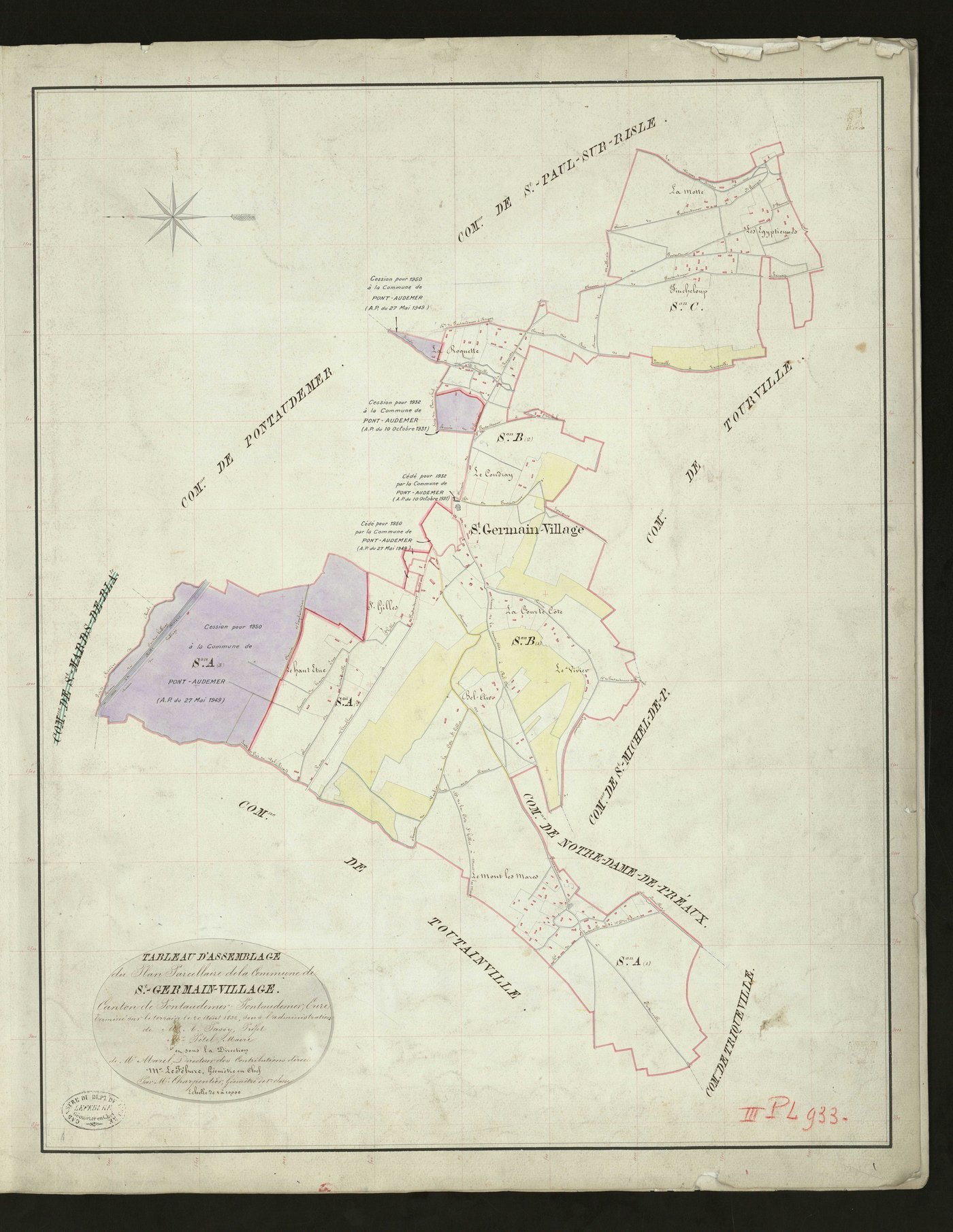 Saint-Germain-Village. Tableau d'assemblage _ du Plan Parcellaire de la Commune de Saint Germain-Village _ Canton de Pontaudemer - Pontaudemer - Eure. _ Terminé sur le Terrain le 29 Août 1832, sous l'administration de M. A Passy, Préfet _ M