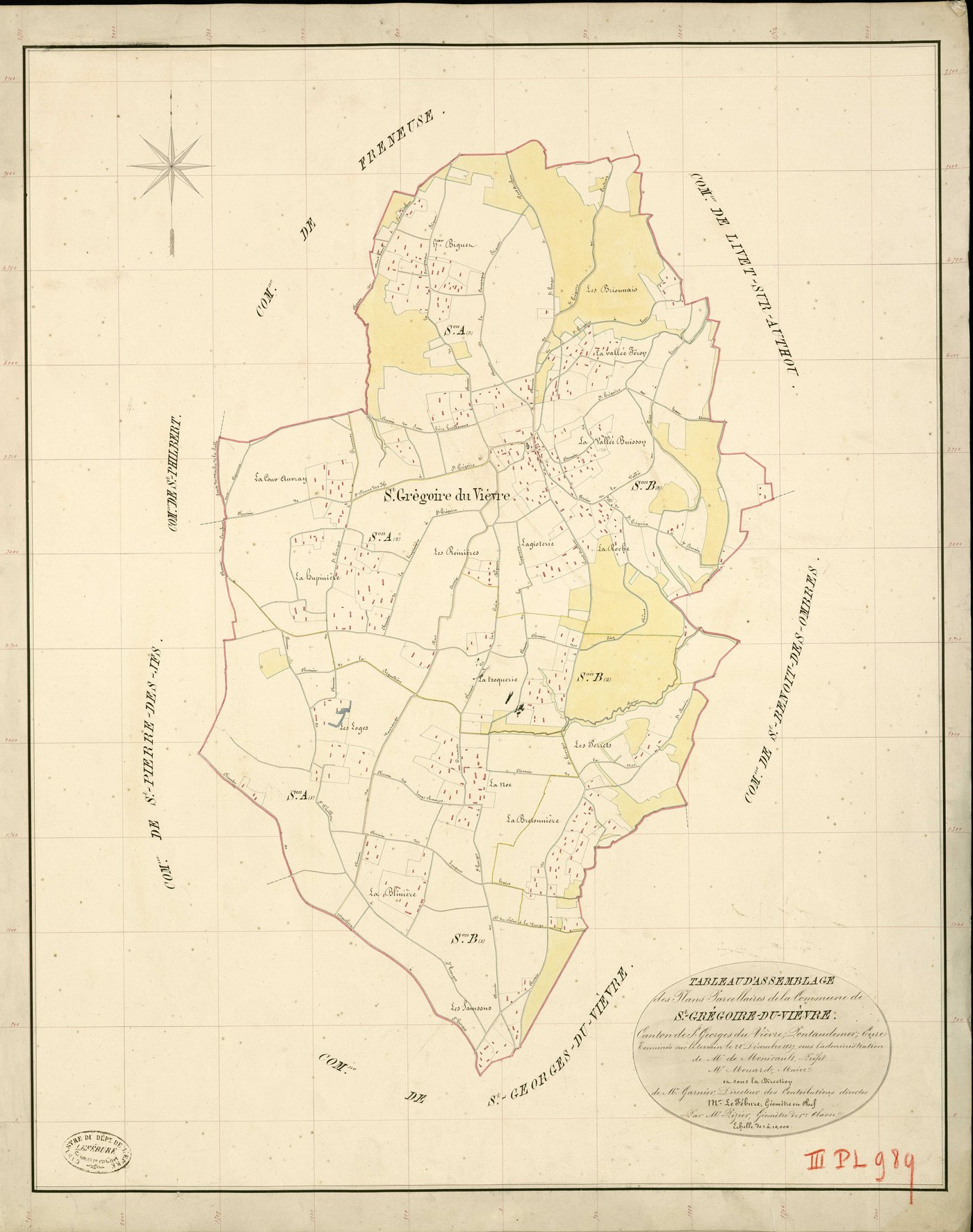 Saint-Grégoire-du-Vièvre. Tableau d'assemblage _ du Plan Parcellaire de la Commune de St Grégoire-du-Vièvre _ Canton de St Georges-du-Vièvre - Pontaudemer - Eure. _ Terminé sur le Terrain le 28 décembre 1839 , sous l'administration de M. de