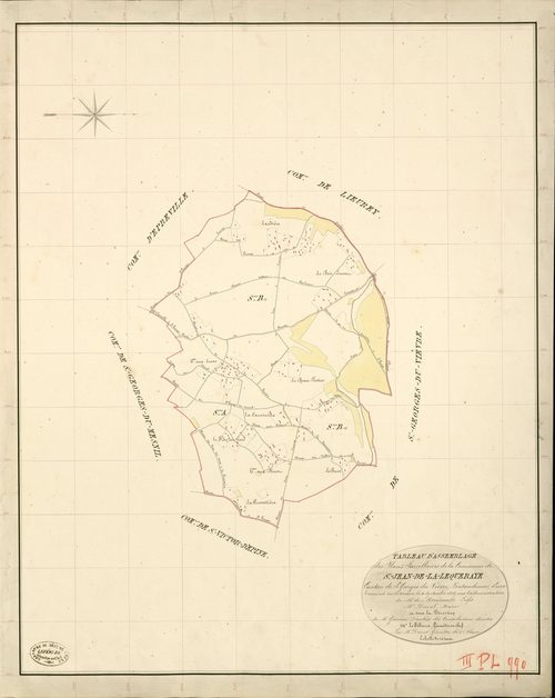 Saint-Jean-de-la-Lequeraye. Tableau d'assemblage _ du Plan Parcellaire de la Commune de St Jean-de-la-Lequeraye _ Canton de St Georges-du-Vièvre - Pontaudemer - Eure. _ Terminé sur le Terrain le 4 Septembre 1838 , sous l'administration de M