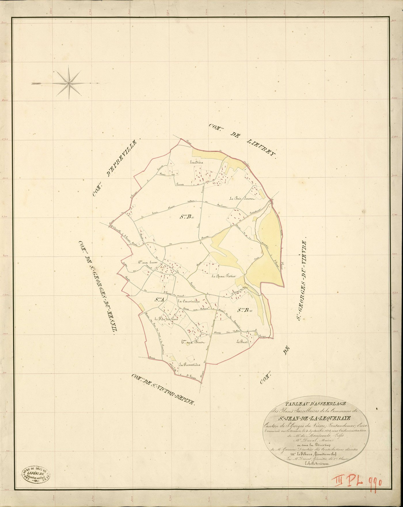 Saint-Jean-de-la-Lequeraye. Tableau d'assemblage _ du Plan Parcellaire de la Commune de St Jean-de-la-Lequeraye _ Canton de St Georges-du-Vièvre - Pontaudemer - Eure. _ Terminé sur le Terrain le 4 Septembre 1838 , sous l'administration de M