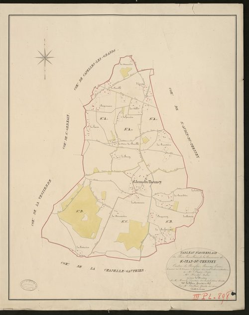 Saint-Jean-du-Thenney. Tableau d'assemblage du Plan Parcellaire de la Commune de Saint-Jean-du-Thenney. _ Canton de Broglie - Bernay - Eure. _ Terminé sur le terrain le 9 février 1831, sous l'administration de M. Passy, Préfet - M. Hardy, M