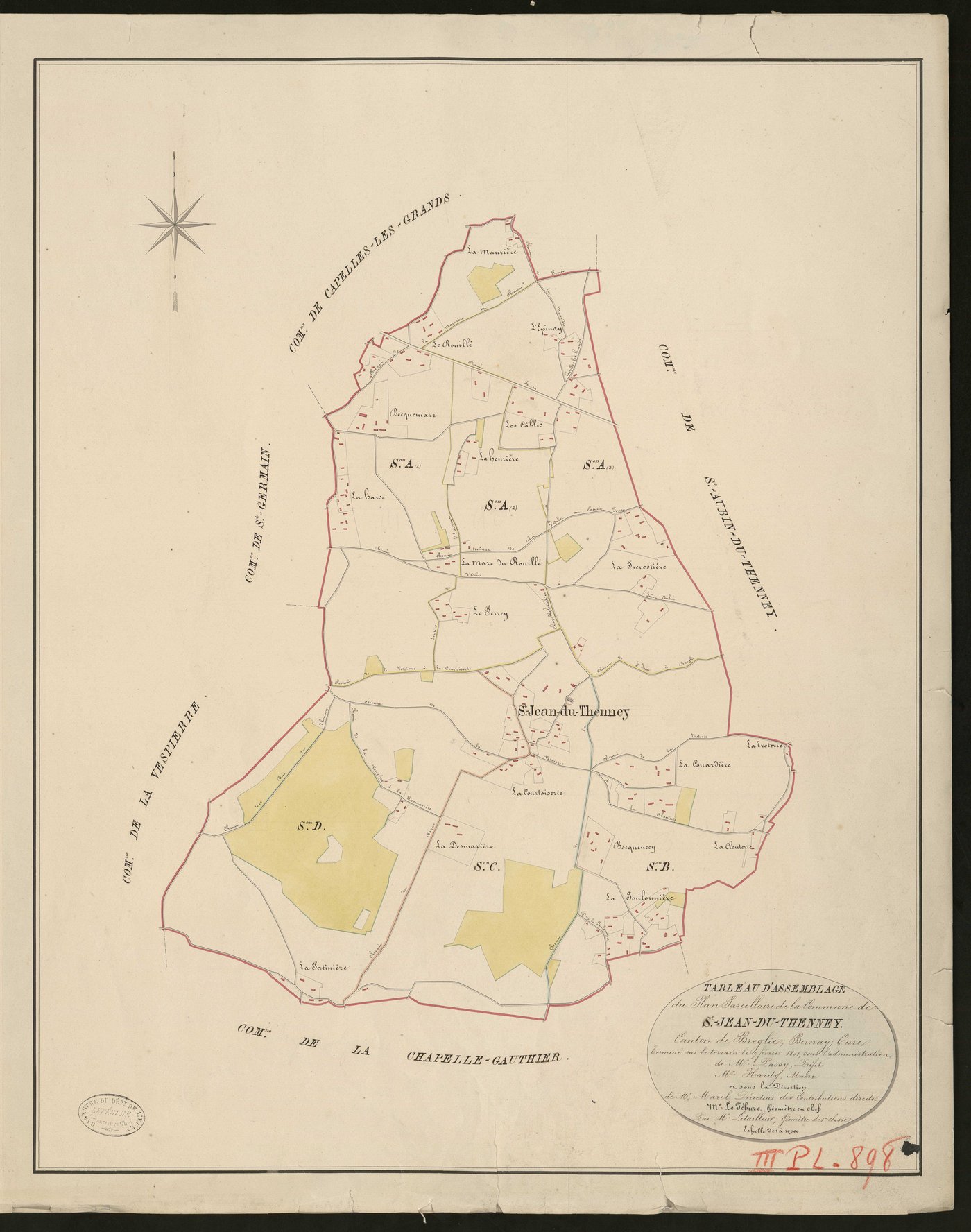 Saint-Jean-du-Thenney. Tableau d'assemblage du Plan Parcellaire de la Commune de Saint-Jean-du-Thenney. _ Canton de Broglie - Bernay - Eure. _ Terminé sur le terrain le 9 février 1831, sous l'administration de M. Passy, Préfet - M. Hardy, M