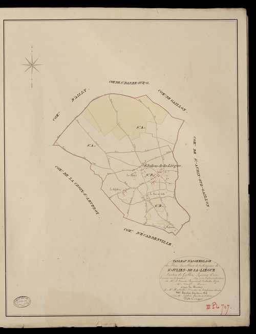 Saint-Julien-de-la-Liègue. Tableau d'assemblage du Plan Parcellaire de la Commune Saint-Julien-de-la-Liègue _ Canton de Gaillon - Louviers - Eure. _ Terminé sur le terrain en 1829, sous l'administration de M. Le Vicomte Raymond Delaitre, Pr