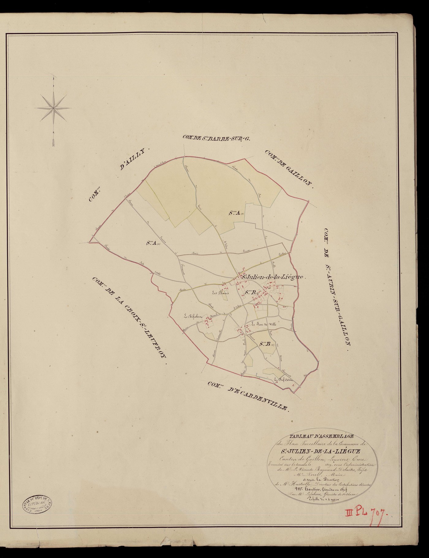 Saint-Julien-de-la-Liègue. Tableau d'assemblage du Plan Parcellaire de la Commune Saint-Julien-de-la-Liègue _ Canton de Gaillon - Louviers - Eure. _ Terminé sur le terrain en 1829, sous l'administration de M. Le Vicomte Raymond Delaitre, Pr