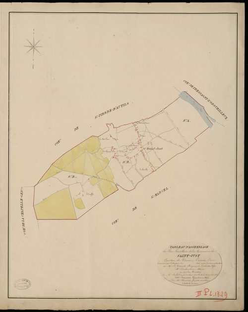 Saint-Just. Tableau d'assemblage _ du Plan Parcellaire de la Commune de Saint Just _ Canton de Vernon - Evreux - Eure. _ Terminé sur le Terrain en 1825, sous l'administration de M. Le Vicomte Raymond Delaitre, Préfet _ M. Dubuisson, Maire _