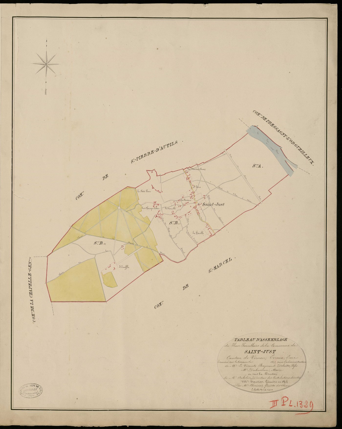 Saint-Just. Tableau d'assemblage _ du Plan Parcellaire de la Commune de Saint Just _ Canton de Vernon - Evreux - Eure. _ Terminé sur le Terrain en 1825, sous l'administration de M. Le Vicomte Raymond Delaitre, Préfet _ M. Dubuisson, Maire _