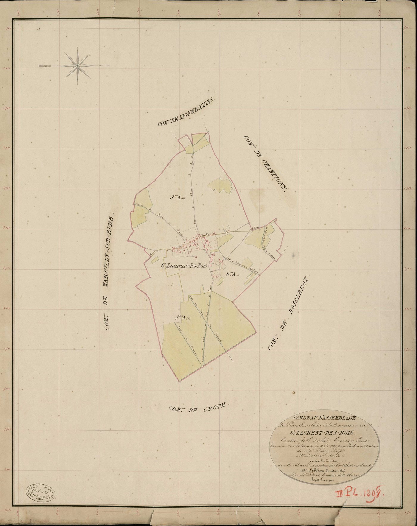 Saint-Laurent-des-Bois. Tableau d'assemblage _ du Plan Parcellaire de la Commune de St Laurent des Bois _ Canton de Saint André - Evreux - Eure. _ Terminé sur le Terrain le 4 Septembre 1837, sous l'administration de M. Passy, Préfet _ M. De