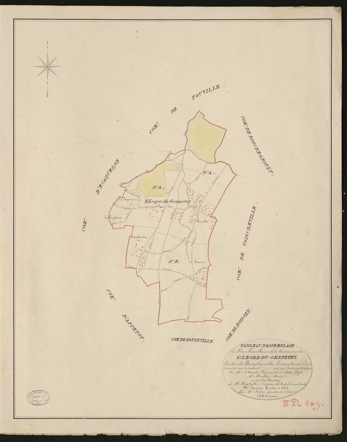 Saint-Léger-du-Gennetey. Tableau d'assemblage _ du Plan Parcellaire de la Commune de Saint-Léger-du-Gennetey _ Canton de Bourgtheroulde - Pontaudemer - Eure. _ Terminé sur le terrain en 1828, sous l'administration de M.le Vicomte Raymond De
