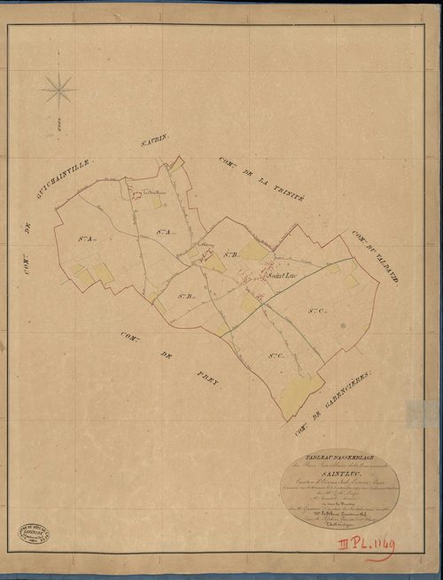 Saint-Luc. Tableau d'assemblage _ du Plan Parcellaire de la Commune de Saint Luc _ Canton de Evreux Sud - Evreux - Eure. _ Terminé sur le Terrain le 2 Septembre 1842, sous l'administration de M. Zédé, Préfet _ M. Roussel, Maire _ sous la Di
