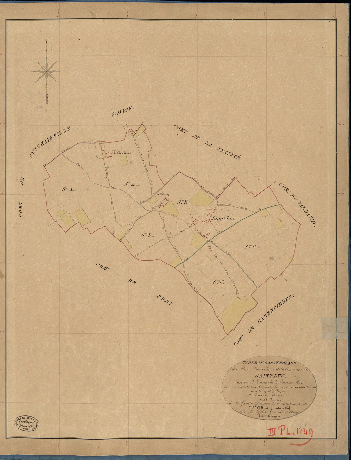 Saint-Luc. Tableau d'assemblage _ du Plan Parcellaire de la Commune de Saint Luc _ Canton de Evreux Sud - Evreux - Eure. _ Terminé sur le Terrain le 2 Septembre 1842, sous l'administration de M. Zédé, Préfet _ M. Roussel, Maire _ sous la Di