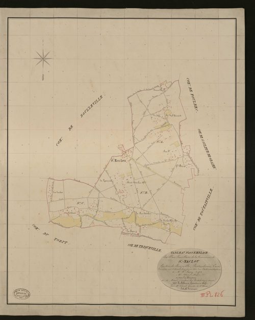 Saint-Maclou. Tableau d'assemblage _ du Plan Parcellaire de la Commune de Saint-Maclou _ Canton de Beuzeville - Pontaudemer - Eure. _ Terminé sur le terrain le 31 décembre 1833, sous l'administration de M. A Passy, Préfet _ M. Noc, maire _ 