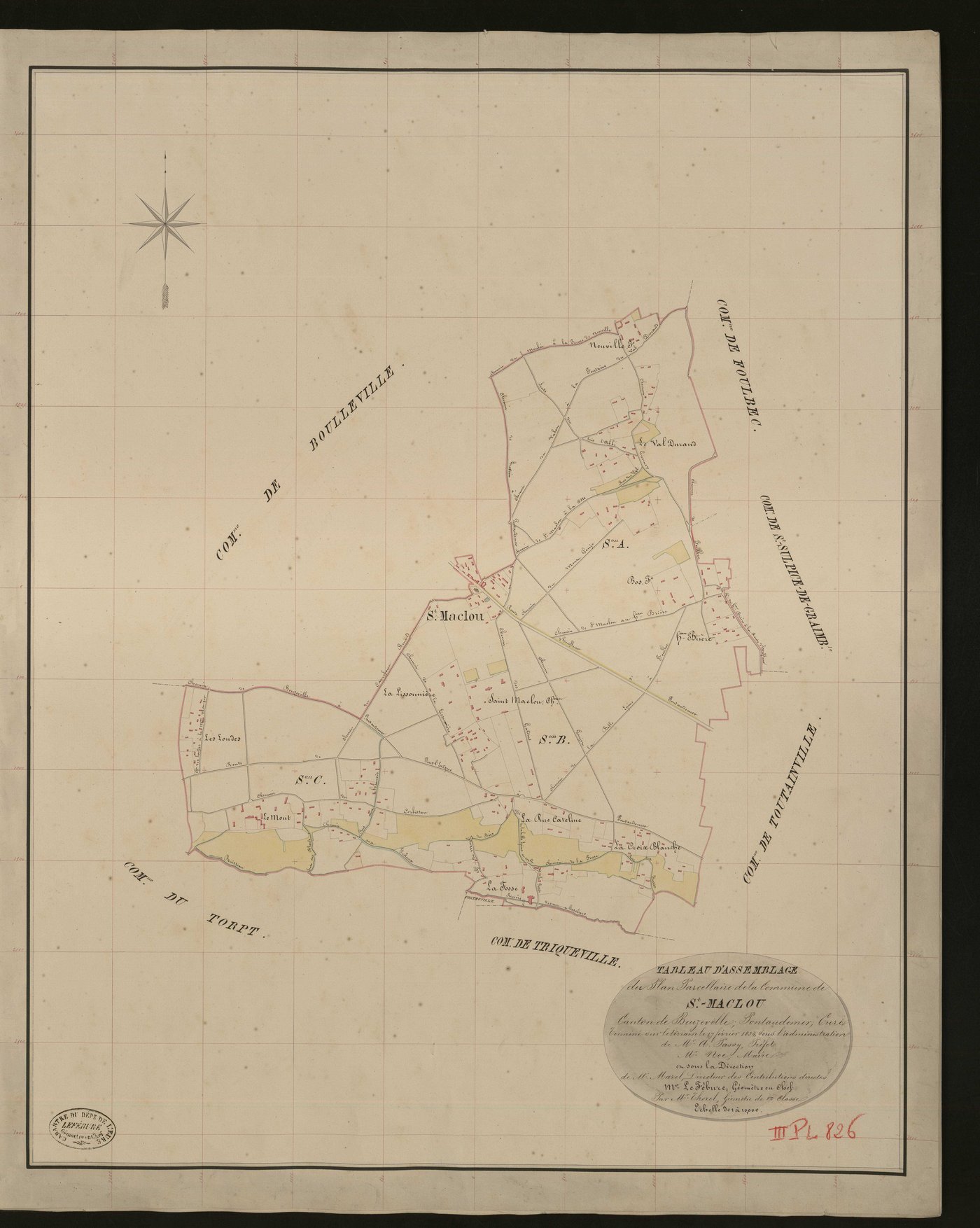 Saint-Maclou. Tableau d'assemblage _ du Plan Parcellaire de la Commune de Saint-Maclou _ Canton de Beuzeville - Pontaudemer - Eure. _ Terminé sur le terrain le 31 décembre 1833, sous l'administration de M. A Passy, Préfet _ M. Noc, maire _ 