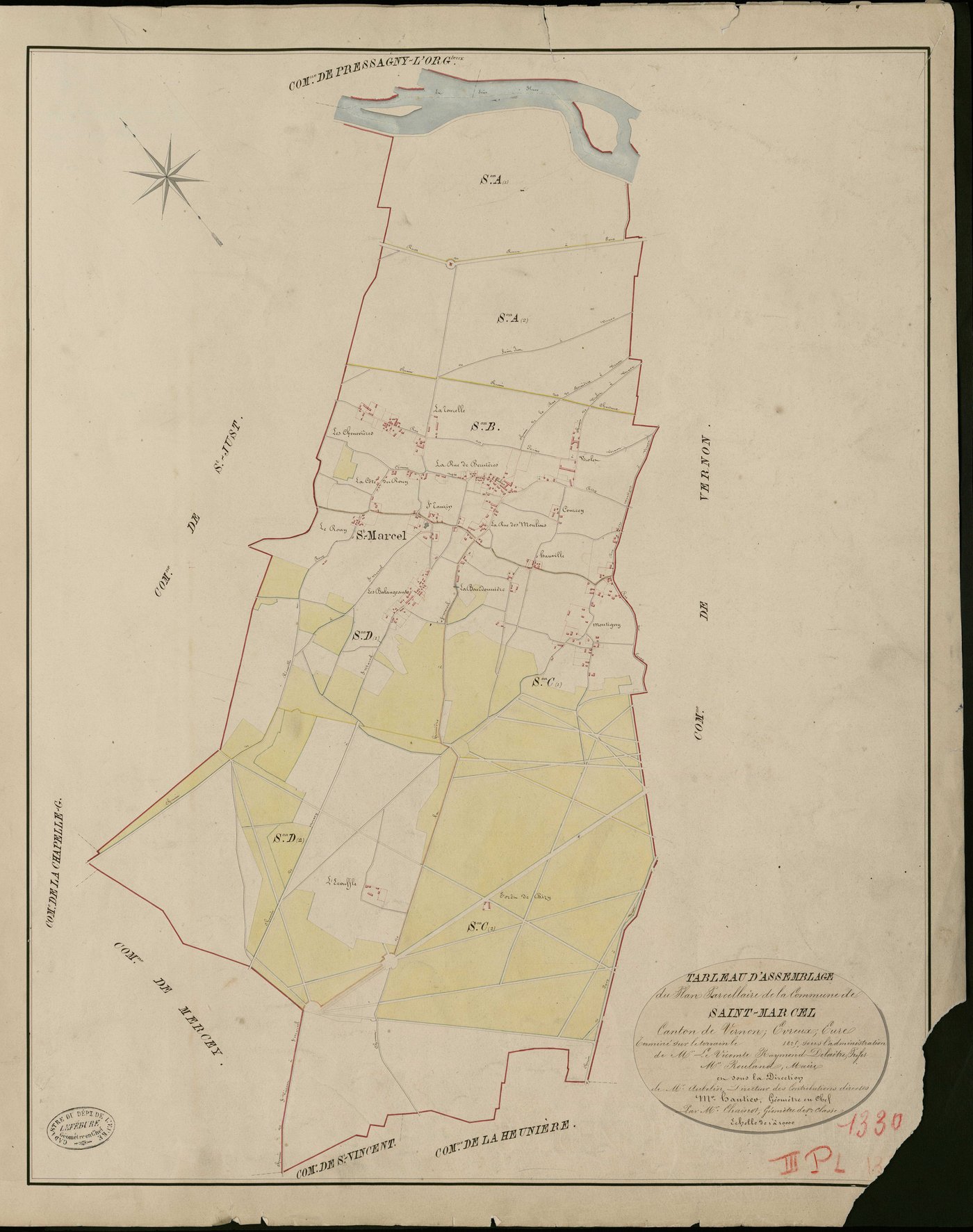 Saint-Marcel. Tableau d'assemblage _ du Plan Parcellaire de la Commune de Saint Marcel _ Canton de Vernon - Evreux - Eure. _ Terminé sur le Terrain en 1825, sous l'administration de M. Le Vicomte Raymond Delaitre, Préfet _ M. Rouland, Maire