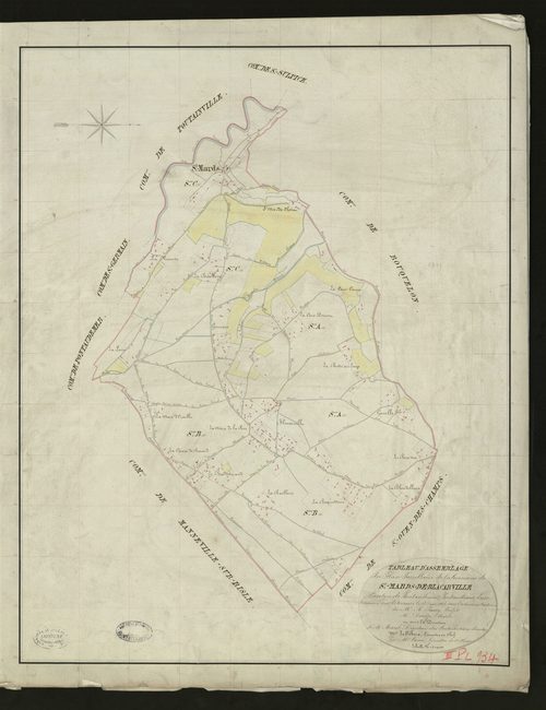 Saint-Mards-de-Blacarville. Tableau d'assemblage _ du Plan Parcellaire de la Commune de Saint Mards-de-Blacarville _ Canton de Pontaudemer - Pontaudemer - Eure. _ Terminé sur le Terrain le 13 aout 1835, sous l'administration de M. A Passy, 