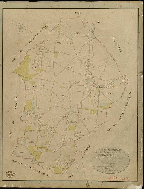 Saint-Mards-de-Fresne. Tableau d'assemblage _ du Plan Parcellaire de la Commune de St Mards de Fresne _ Canton de Thiberville - Bernay - Eure. _ Terminé sur le Terrain le 22 Novembre 1845 , sous l'administration de M. Zedée, Préfet _ M. Lou