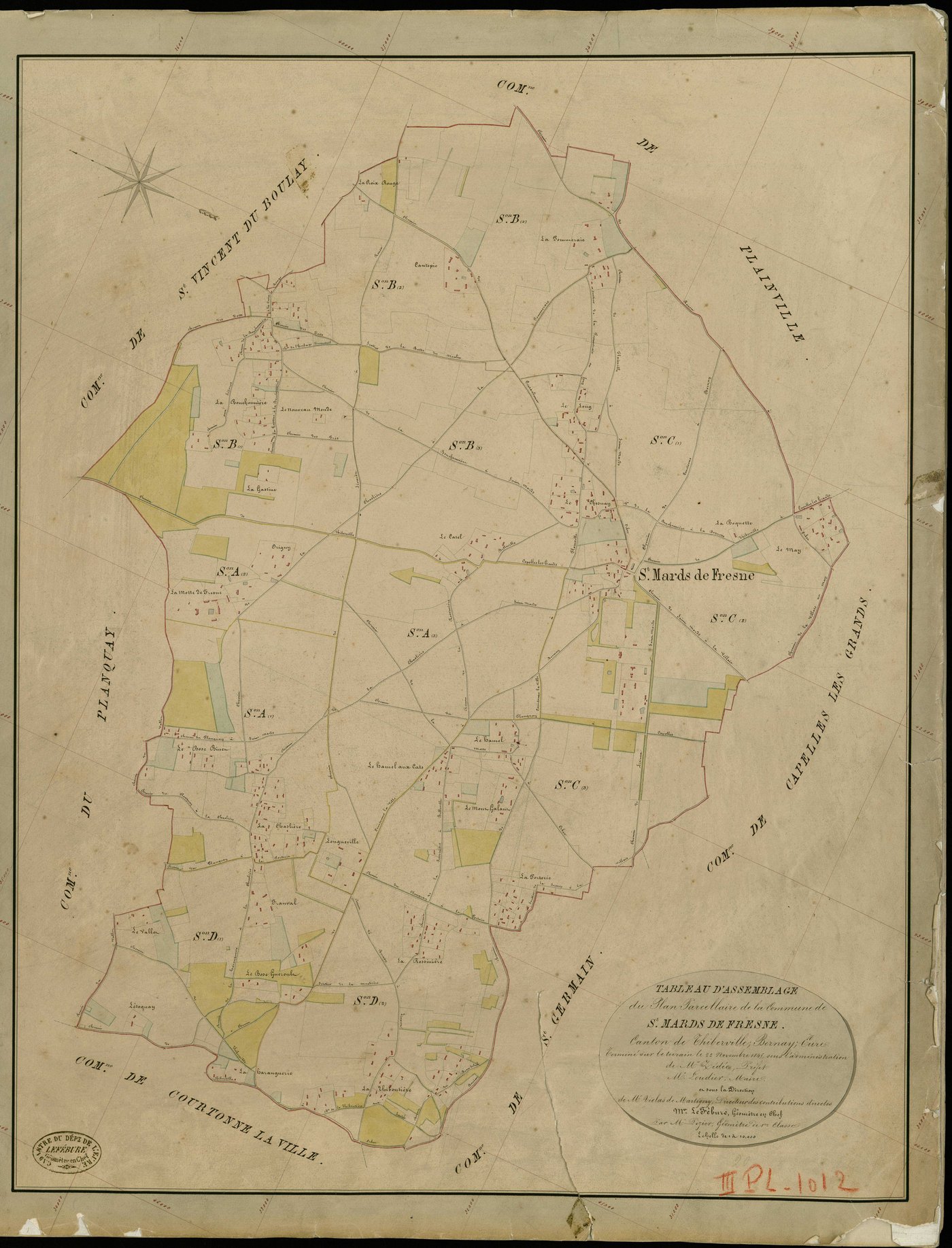 Saint-Mards-de-Fresne. Tableau d'assemblage _ du Plan Parcellaire de la Commune de St Mards de Fresne _ Canton de Thiberville - Bernay - Eure. _ Terminé sur le Terrain le 22 Novembre 1845 , sous l'administration de M. Zedée, Préfet _ M. Lou