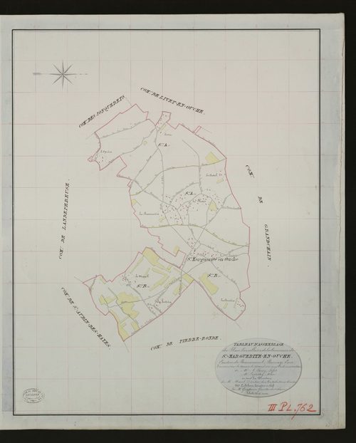 Sainte-Marguerite-en-Ouche. Tableau d'assemblage _ du Plan Parcellaire de la Commune de Ste-Marguerite-en-Ouche. _ Canton de Beaumesnil - Bernay - Eure. _ Terminé sur le terrain le 28 avril 1833 sous l'administration de M. A. Passy, Préfet 