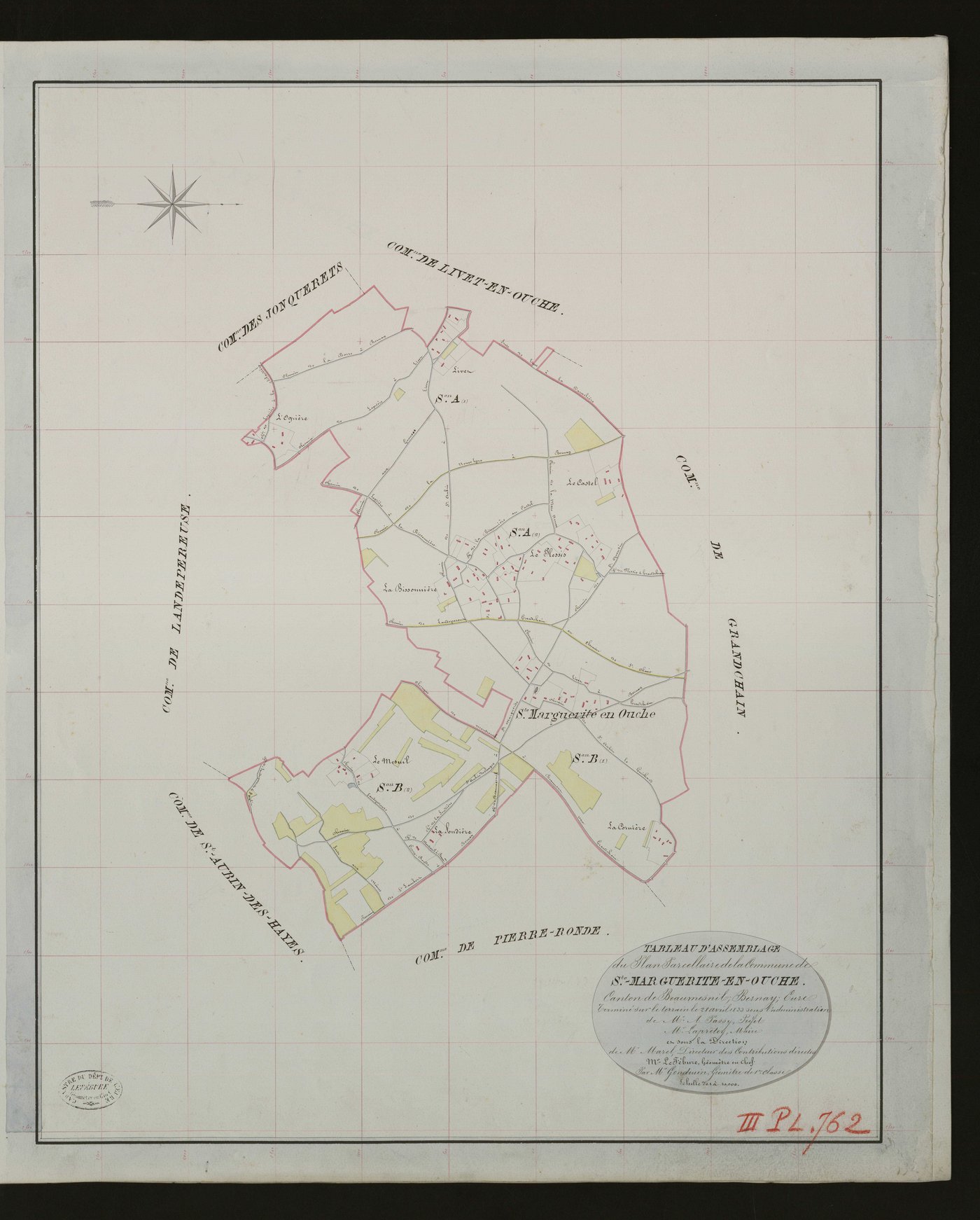 Sainte-Marguerite-en-Ouche. Tableau d'assemblage _ du Plan Parcellaire de la Commune de Ste-Marguerite-en-Ouche. _ Canton de Beaumesnil - Bernay - Eure. _ Terminé sur le terrain le 28 avril 1833 sous l'administration de M. A. Passy, Préfet 