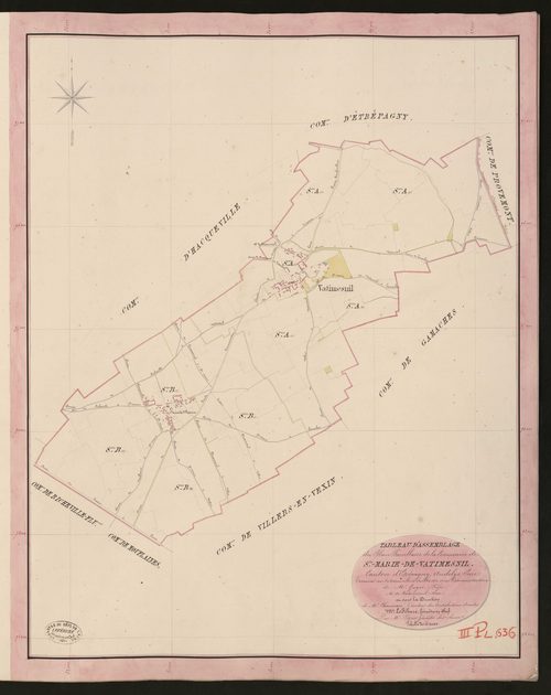 Sainte-Marie-de-Vatimesnil. Tableau d'assemblage du Plan Parcellaire de la Commune de Sainte-Marie-de-Vatimesnil. _ Canton d'Etrépagny - Andelys - Eure. _ Terminé sur le terrain le 18 juillet 1850, sous l'administration de M. Guyot, Préfet 