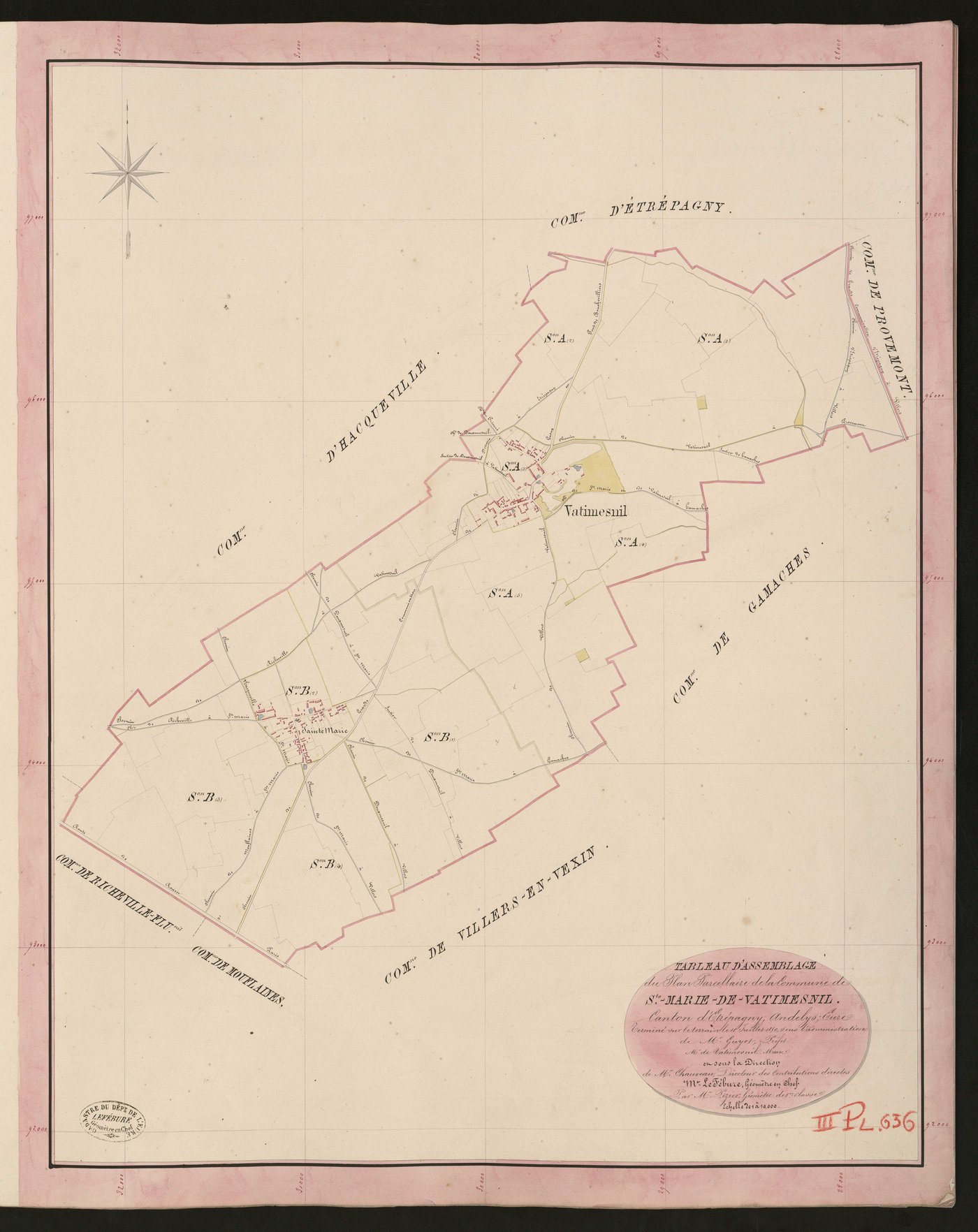 Sainte-Marie-de-Vatimesnil. Tableau d'assemblage du Plan Parcellaire de la Commune de Sainte-Marie-de-Vatimesnil. _ Canton d'Etrépagny - Andelys - Eure. _ Terminé sur le terrain le 18 juillet 1850, sous l'administration de M. Guyot, Préfet 