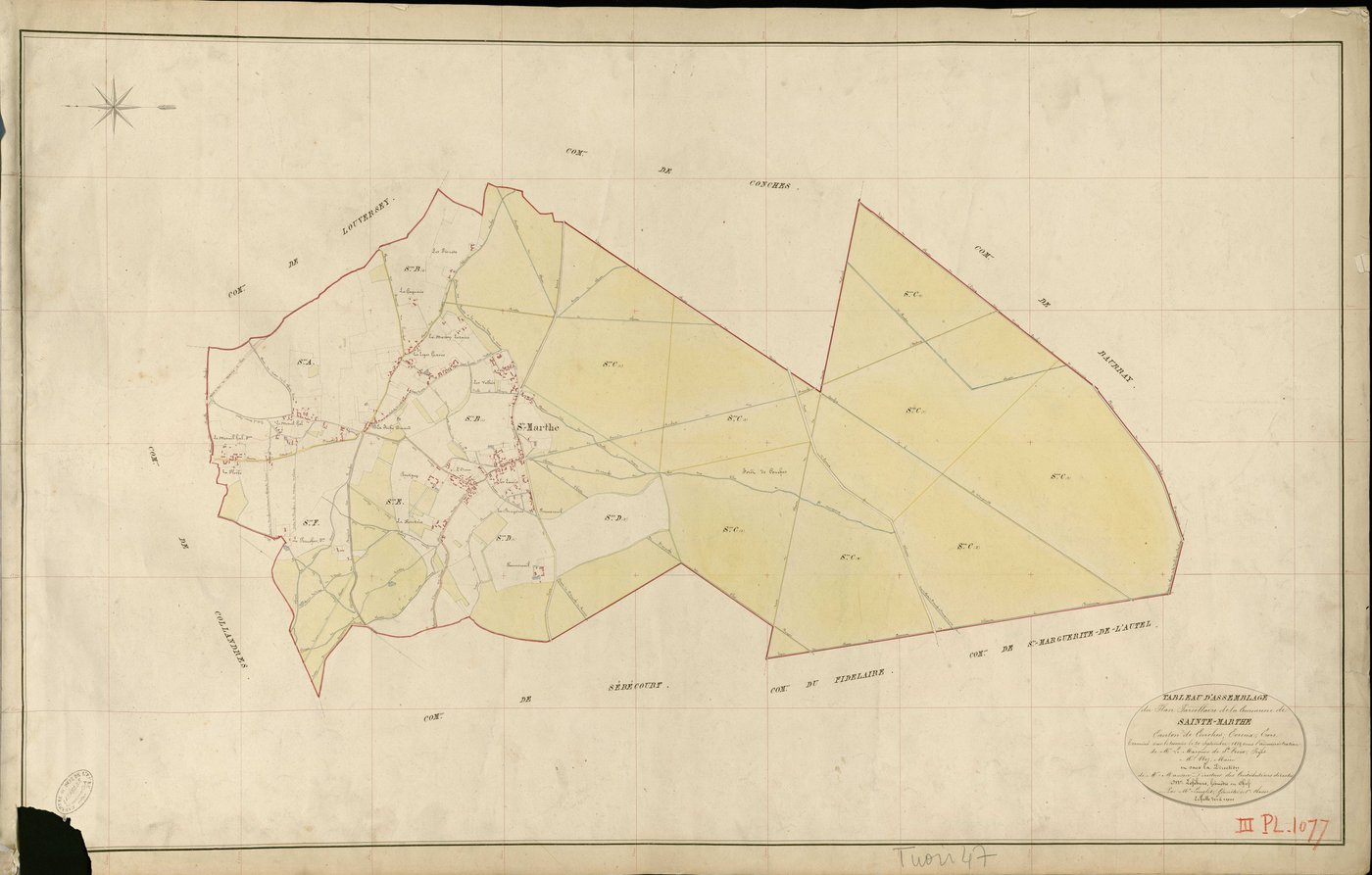 Sainte-Marthe. Tableau d'assemblage _ du Plan Parcellaire de la Commune de Sainte-Marthe _ Canton de Conches - Evreux - Eure. _ Terminé sur le Terrain le 26 Septembre 1854 , sous l'administration de M. Le Marquis de Ste Croix, Préfet _ M. N