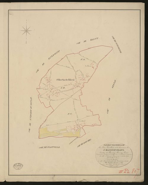 Saint-Martin-du-Tilleul. Tableau d'assemblage _ du Plan Parcellaire de la Commune de St Saint-Martin-du-Tilleul _ Canton de Bernay - Bernay - Eure. _ Terminé sur le terrain le 25 mai 1830, sous l'administration de M. Le Vicomte Raymond Dela