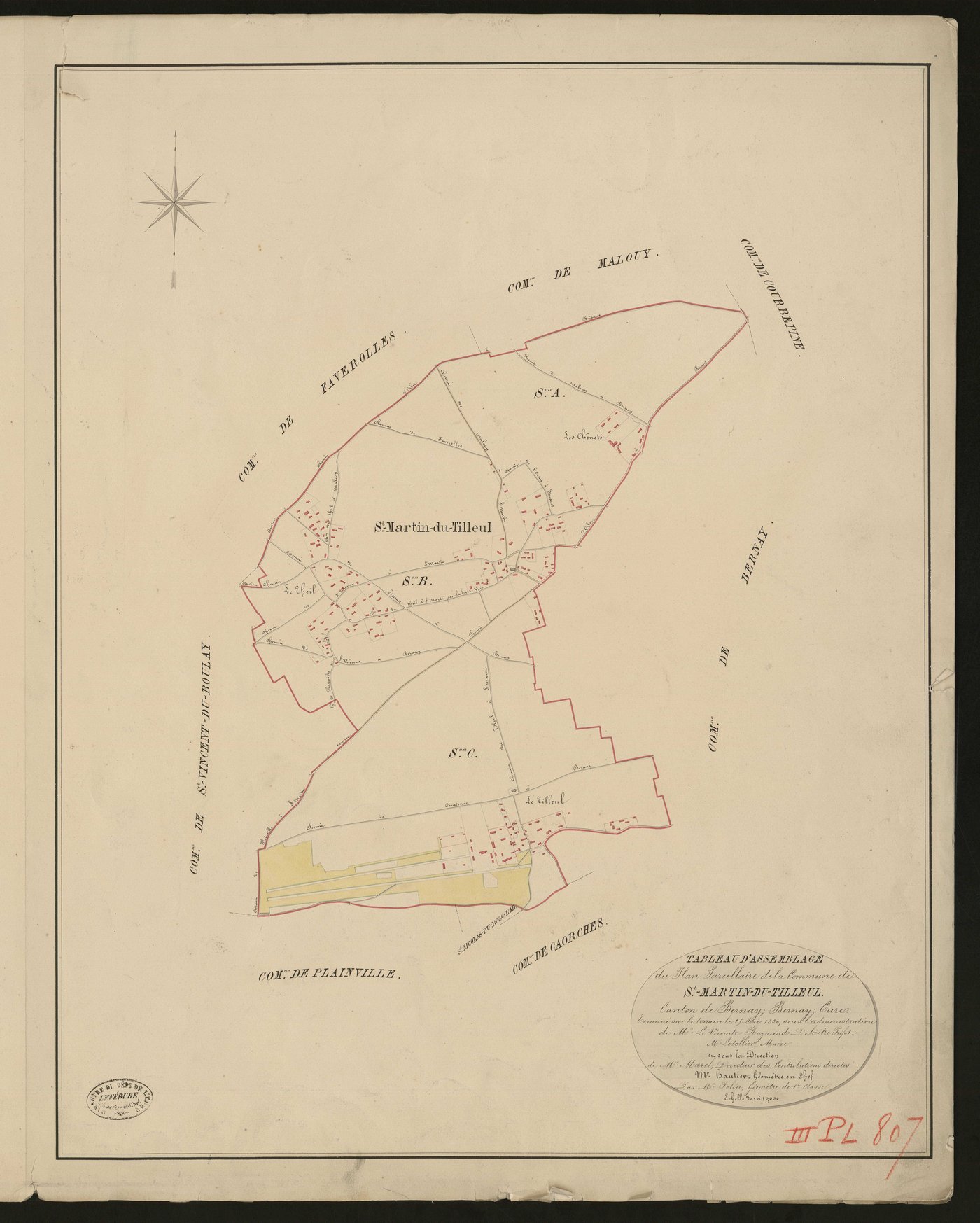 Saint-Martin-du-Tilleul. Tableau d'assemblage _ du Plan Parcellaire de la Commune de St Saint-Martin-du-Tilleul _ Canton de Bernay - Bernay - Eure. _ Terminé sur le terrain le 25 mai 1830, sous l'administration de M. Le Vicomte Raymond Dela