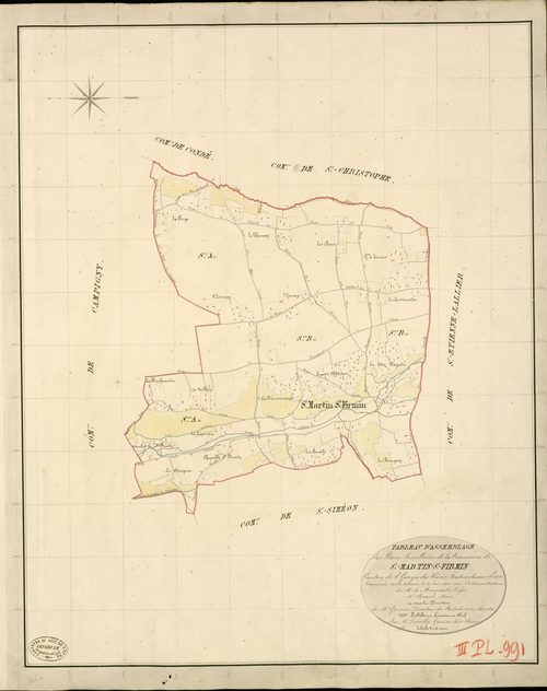 Saint-Martin-Saint-Firmin. Tableau d'assemblage _ du Plan Parcellaire de la Commune de St Martin-St Firmin _ Canton de St Georges-du-Vièvre - Pontaudemer - Eure. _ Terminé sur le Terrain le 30 juin 1838 , sous l'administration de M. de Moni