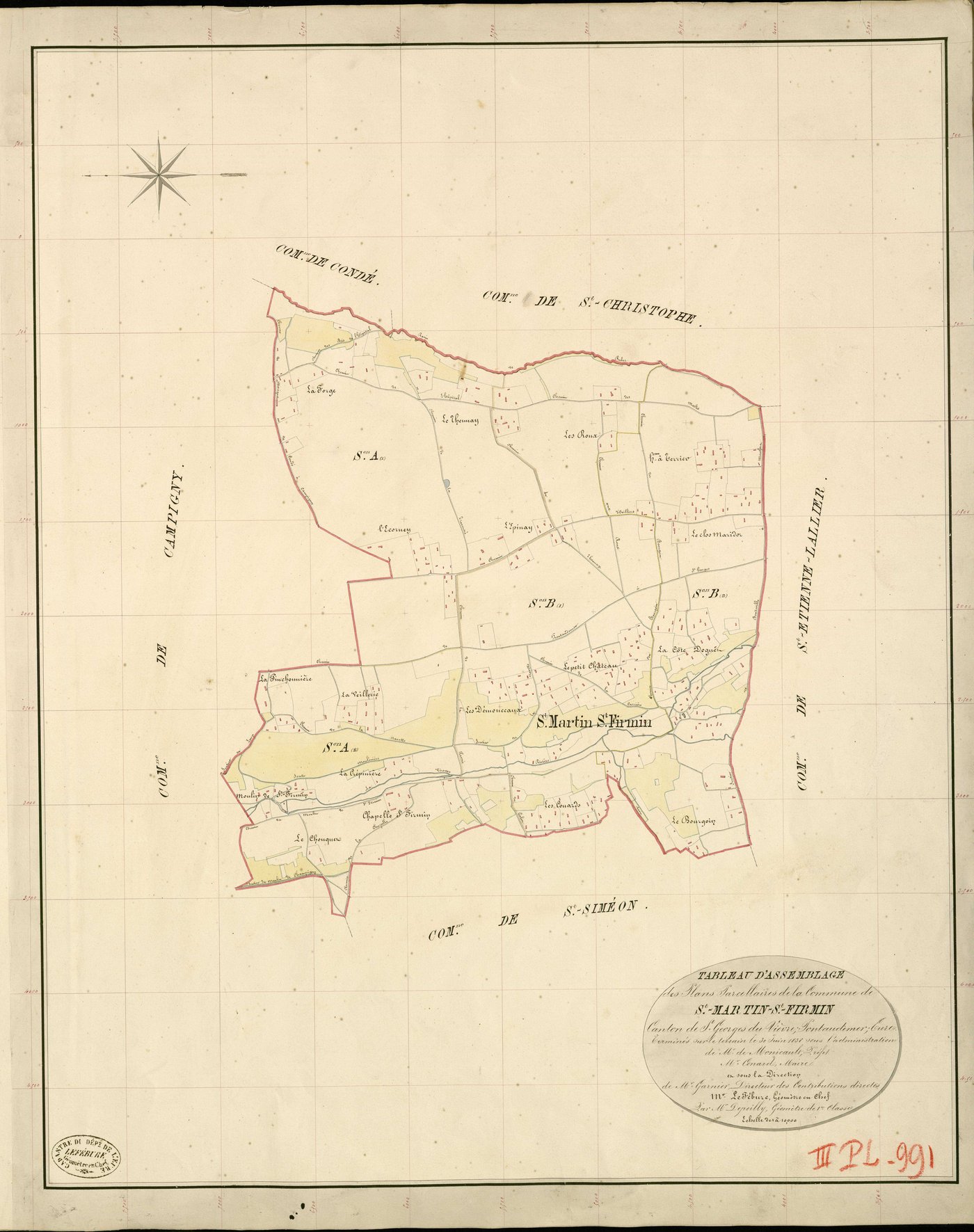 Saint-Martin-Saint-Firmin. Tableau d'assemblage _ du Plan Parcellaire de la Commune de St Martin-St Firmin _ Canton de St Georges-du-Vièvre - Pontaudemer - Eure. _ Terminé sur le Terrain le 30 juin 1838 , sous l'administration de M. de Moni