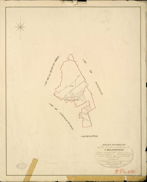 Saint-Meslin-du-Bosc. Tableau d'assemblage _ du Plan Parcellaire de la Commune de St Melain-du-Bosc _ Canton d'Amfreville - Louviers - Eure. _ Terminé sur le Terrain en 1828 , sous l'administration de M. Le Vicomte Raymond Delaître , Préfet