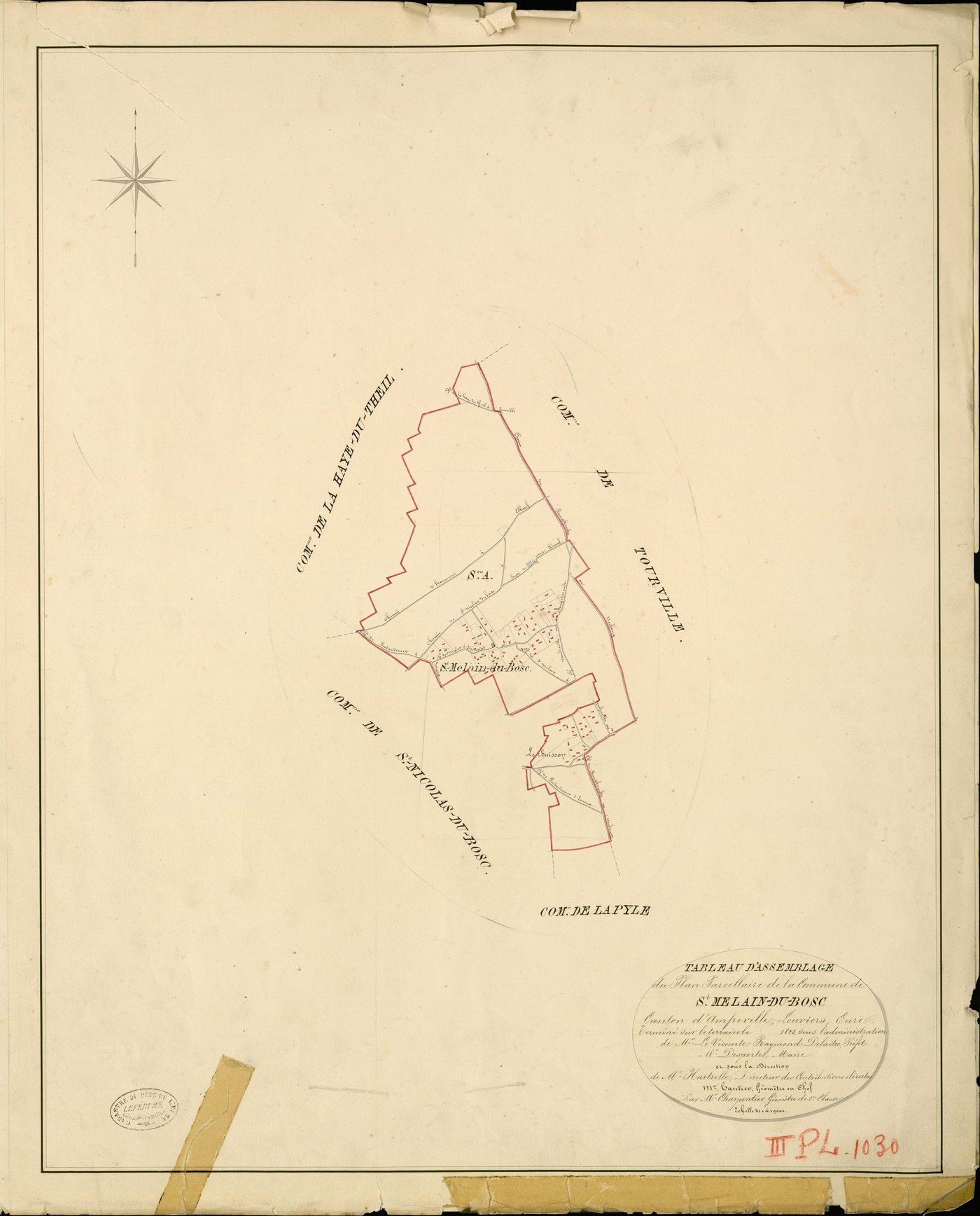 Saint-Meslin-du-Bosc. Tableau d'assemblage _ du Plan Parcellaire de la Commune de St Melain-du-Bosc _ Canton d'Amfreville - Louviers - Eure. _ Terminé sur le Terrain en 1828 , sous l'administration de M. Le Vicomte Raymond Delaître , Préfet