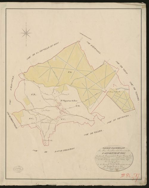 Sainte-Opportune-du-Bosc. Tableau d'assemblage du Plan Parcellaire de la Commune de Sainte-Opportune-du-Bosc _ Canton de Beaumont-le-Roger - Bernay - Eure. _ Terminé sur le terrain le 1826, sous l'administration de M. Le Vicomte Raymond Del