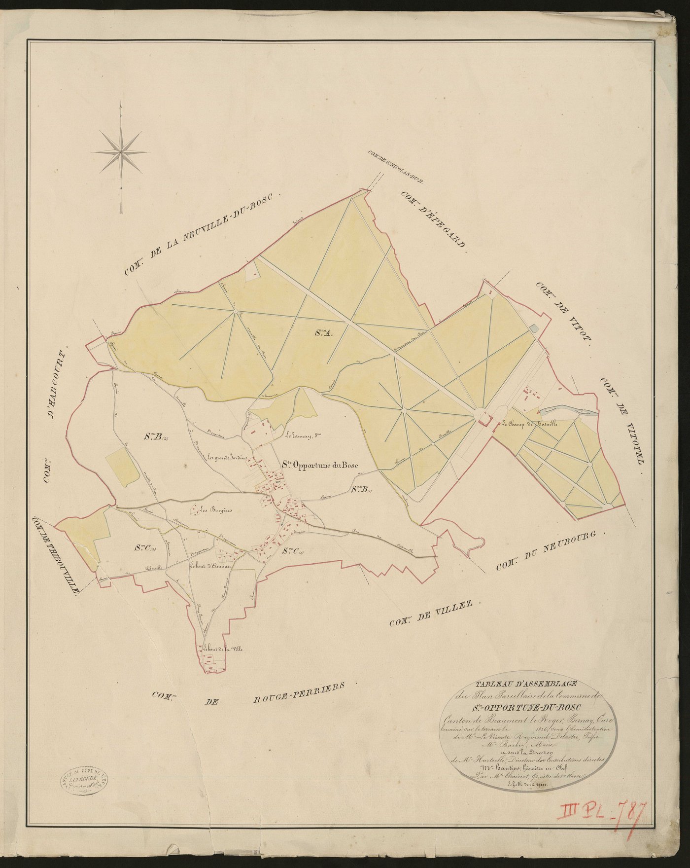 Sainte-Opportune-du-Bosc. Tableau d'assemblage du Plan Parcellaire de la Commune de Sainte-Opportune-du-Bosc _ Canton de Beaumont-le-Roger - Bernay - Eure. _ Terminé sur le terrain le 1826, sous l'administration de M. Le Vicomte Raymond Del