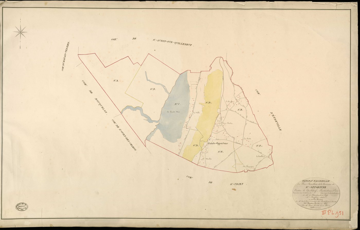 Sainte-Opportune-la-Mare. Tableau d'assemblage _ du Plan Parcellaire de la Commune de Ste Opportune _ Canton de Quillebeuf - Pontaudemer - Eure. _ Terminé sur le Terrain en 1824, sous l'administration de M. de Chambaudoin, Préfet _ M. Langl