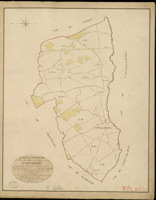 Saint-Ouen-d'Attez. Tableau d'assemblage _ du Plan Parcellaire de la Commune de Saint Ouen-d'Attel _ Canton de Breteuil - Evreux - Eure. _ Terminé sur le Terrain en 1829 , sous l'administration de M. Le Vicomte Raymond Delaître , Préfet _ M