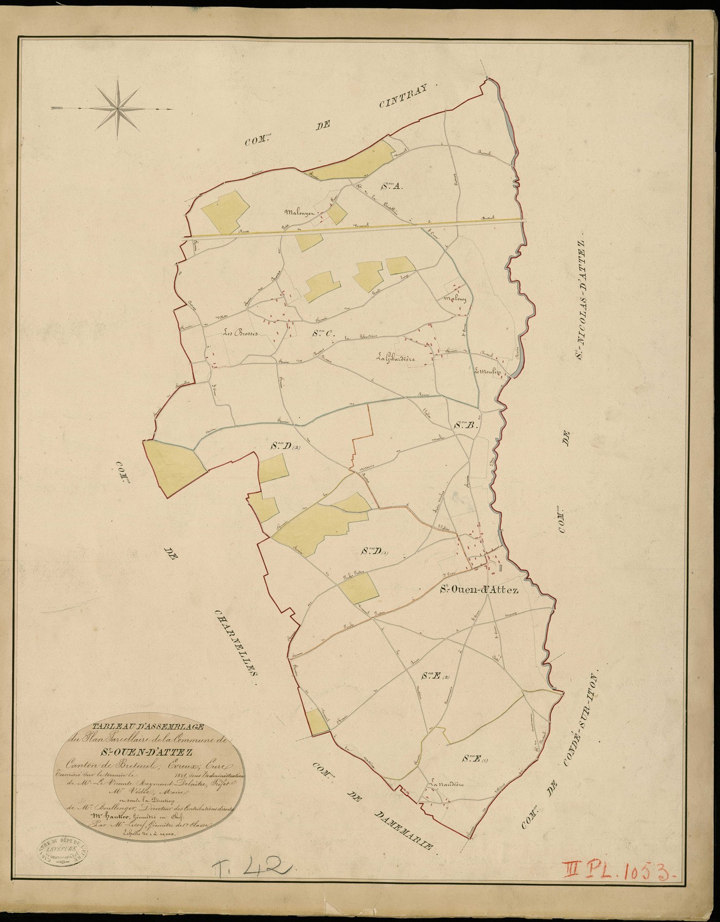 Saint-Ouen-d'Attez. Tableau d'assemblage _ du Plan Parcellaire de la Commune de Saint Ouen-d'Attel _ Canton de Breteuil - Evreux - Eure. _ Terminé sur le Terrain en 1829 , sous l'administration de M. Le Vicomte Raymond Delaître , Préfet _ M