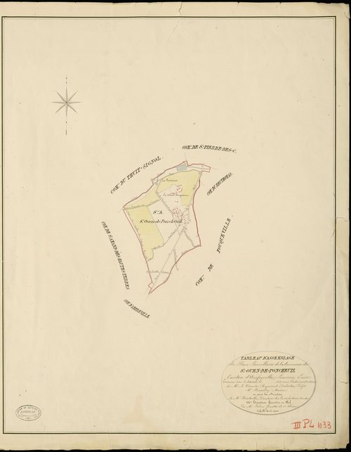 Saint-Ouen-de-Pontcheuil. Tableau d'assemblage _ du Plan Parcellaire de la Commune de St Ouen-de-Poncheuil _ Canton d'Amfreville - Louviers - Eure. _ Terminé sur le Terrain en 1828 , sous l'administration de M. Le Vicomte Raymond Delaître ,