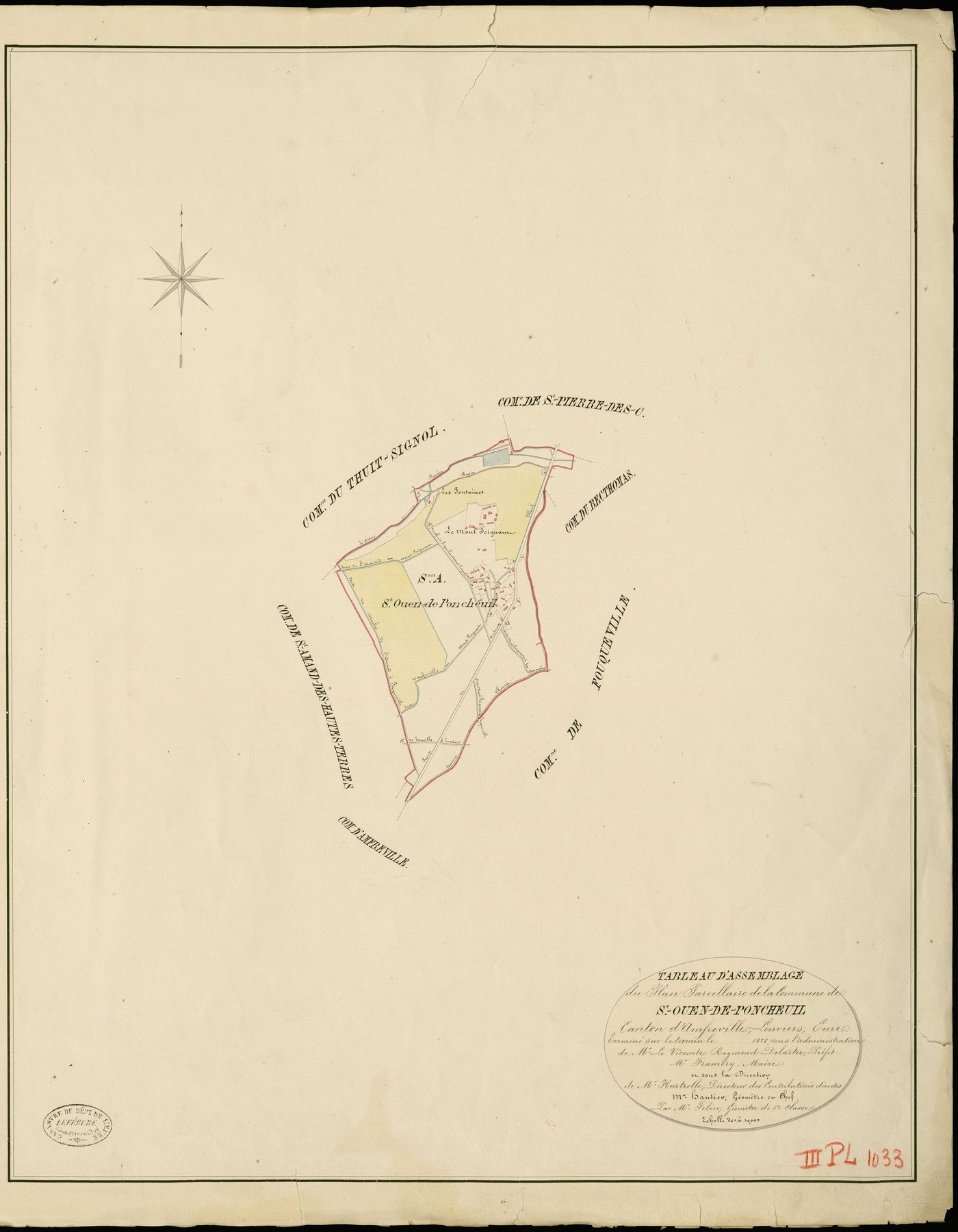 Saint-Ouen-de-Pontcheuil. Tableau d'assemblage _ du Plan Parcellaire de la Commune de St Ouen-de-Poncheuil _ Canton d'Amfreville - Louviers - Eure. _ Terminé sur le Terrain en 1828 , sous l'administration de M. Le Vicomte Raymond Delaître ,