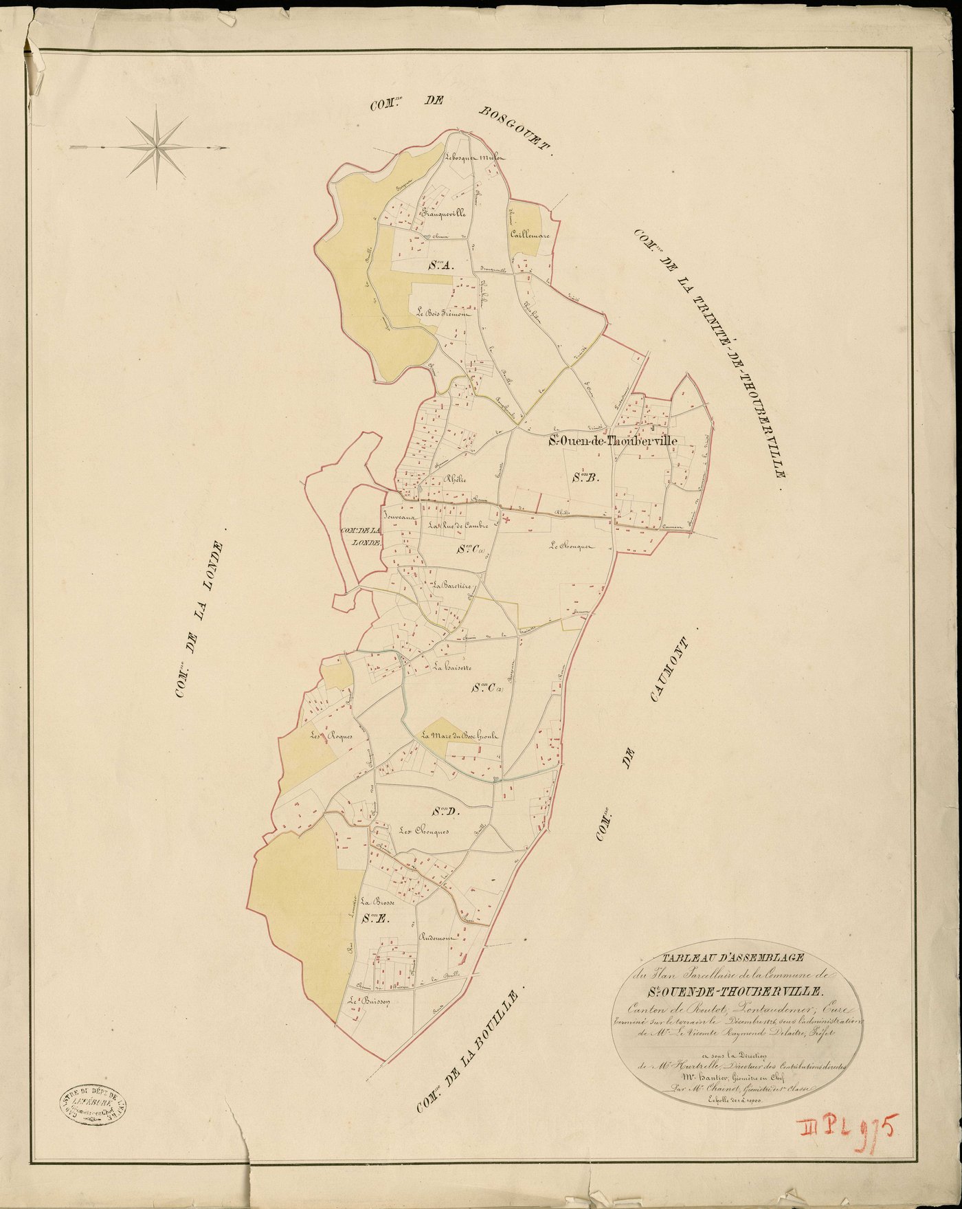 Saint-Ouen-de-Thouberville. Tableau d'assemblage _ du Plan Parcellaire de la Commune de St Ouen-de-Thouberville _ Canton de Routot - Pontaudemer - Eure. _ Terminé sur le Terrain en décembre 1826 , sous l'administration de M.Le Vicomte Raymo