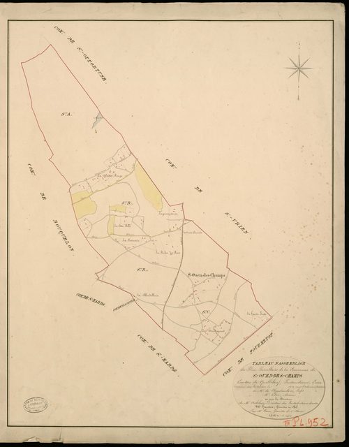 Saint-Ouen-des-Champs. Tableau d'assemblage _ du Plan Parcellaire de la Commune de Ste Ouen-des-Champs _ Canton de Quillebeuf - Pontaudemer - Eure. _ Terminé sur le Terrain en 1824, sous l'administration de M. de Chambaudoin, Préfet _ M. El